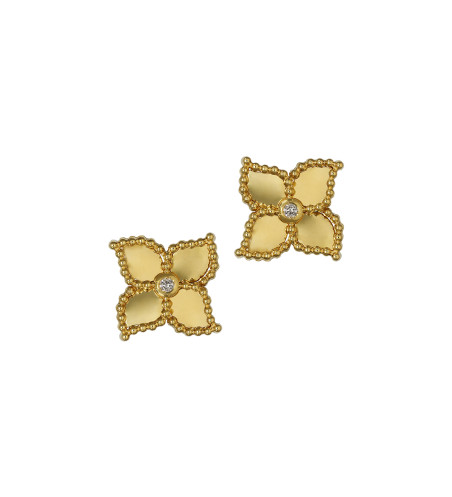 18k Yellow Gold Flower with Diamond Stud Earrings