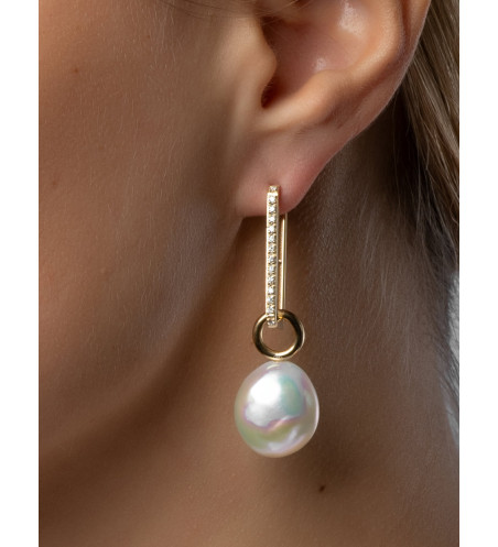 Multi-use 18k Yellow Gold Diamond Huggies with Detachable  Baroque Pearls Drop Earrings