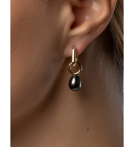 Pendientes Gota Abrazaderas de Oro Amarillo de 18k con Perlas Negras Desmontables