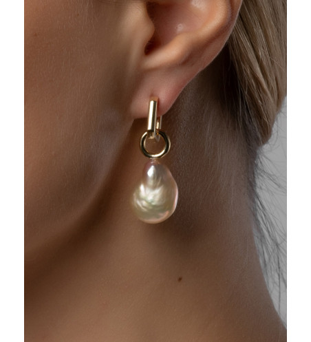 Pendientes Gota Abrazaderas de Oro Amarillo de 18k con Cuadrados y Perlas Rosas Barrocas Desmontables