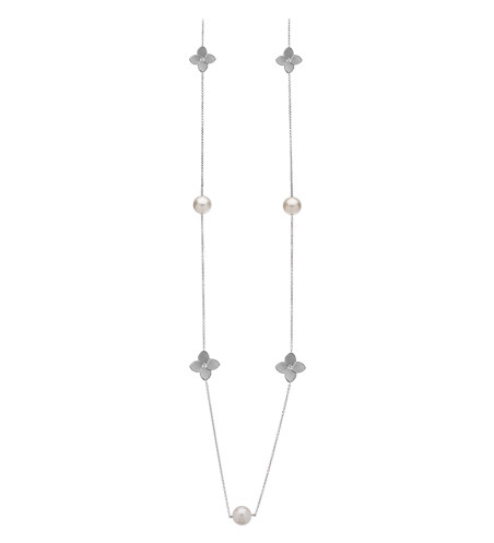 Collar Largo Estación Oro 18k Perlas de Agua Dulce y Flor