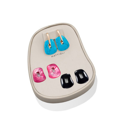 18 kt Rose Gold Puzzle Medium earrings Turquoise, Fuchsia and Onyx