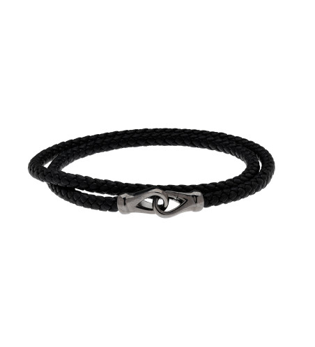 Pulsera Doble de Cuero Negro y Plata Rutenio