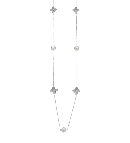 18K Gold Pearl and Flower with Diamonds Long Necklace