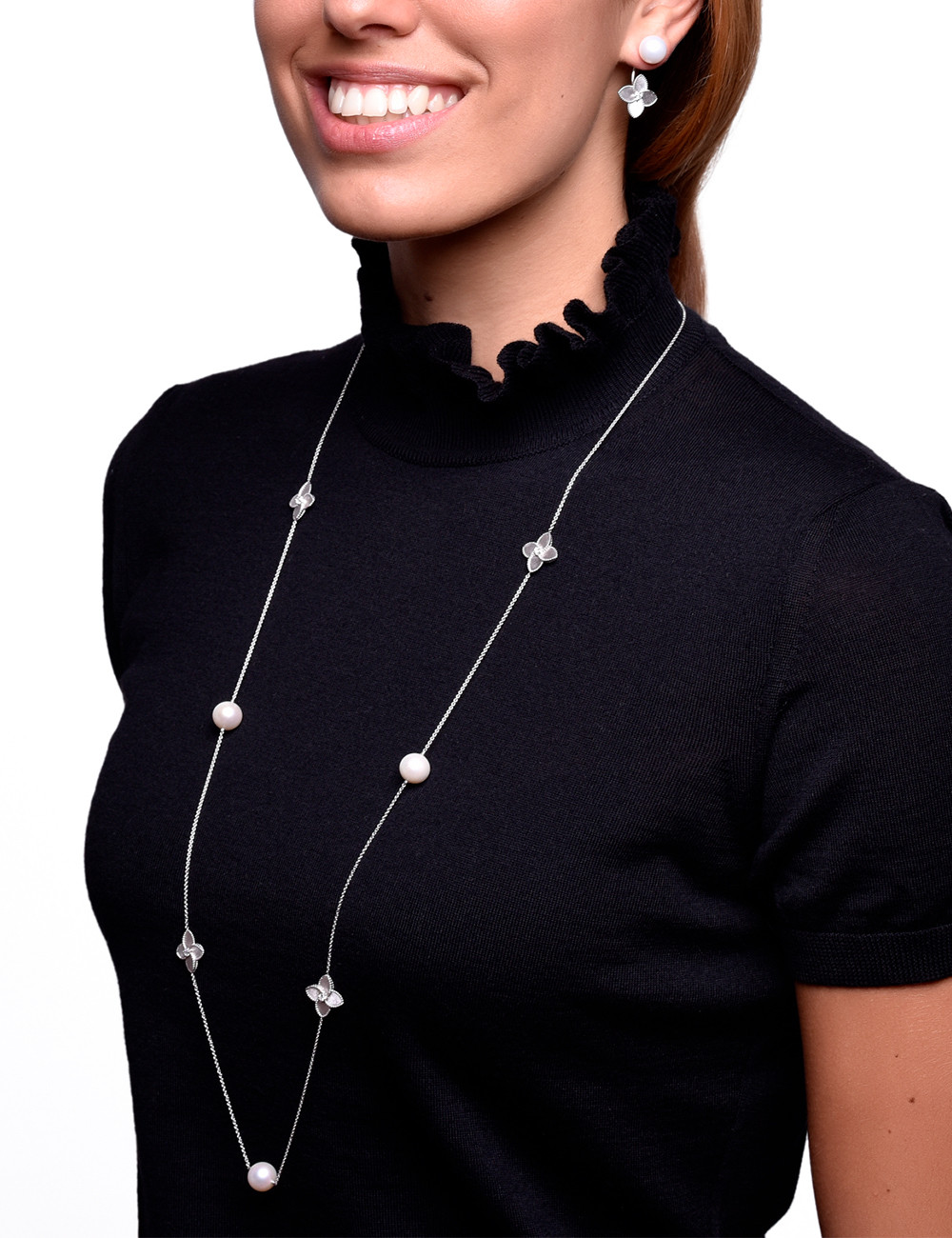 Jewerly Store - 18K Gold Pearl and Flower with Diamonds Long Necklace - Lisa Colpo | Italian Jewelry Boutique