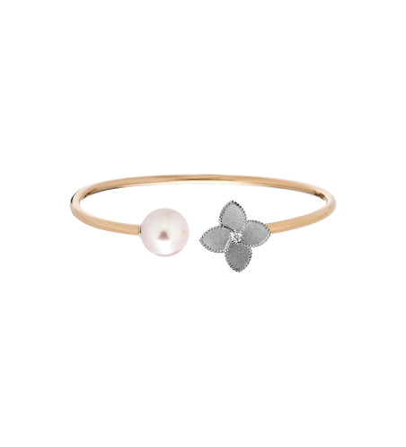18k Gold Freshwater Pink Pearl Flower with Diamond Flex Bangle