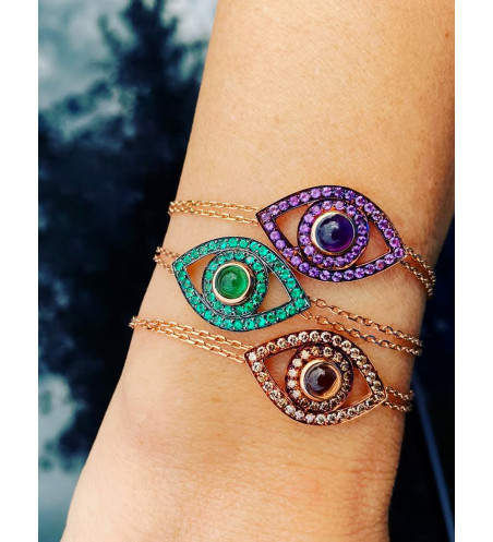 18k Yellow Gold Evil Eye Emerald and Quartz Bracelet