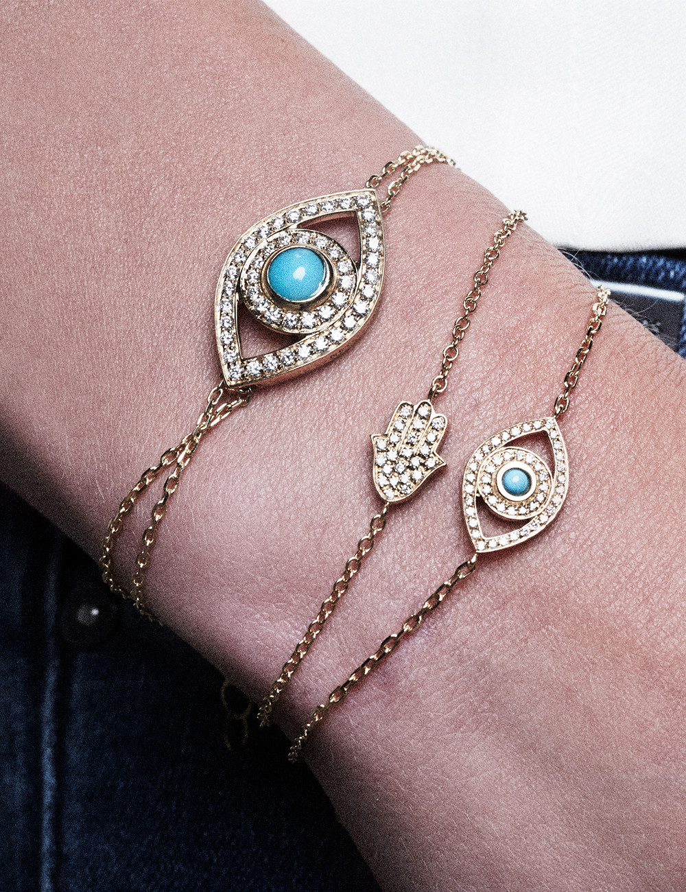 Jewerly Store - 18k Yellow Gold White Diamonds and Turquoise Big Evil Eye Bracelet- Netali Nissim | Italian Jewelry Boutique