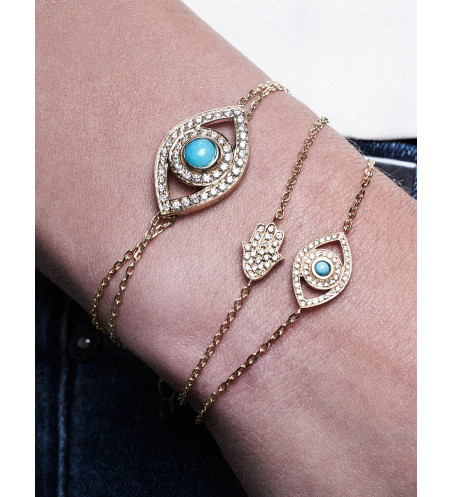 18k Yellow Gold White Diamonds and Turquoise Big Evil Eye Bracelet