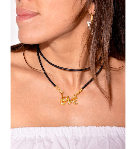 Leather Necklace with "Love" Pendant in 18k Finishing Over Sterling Silver