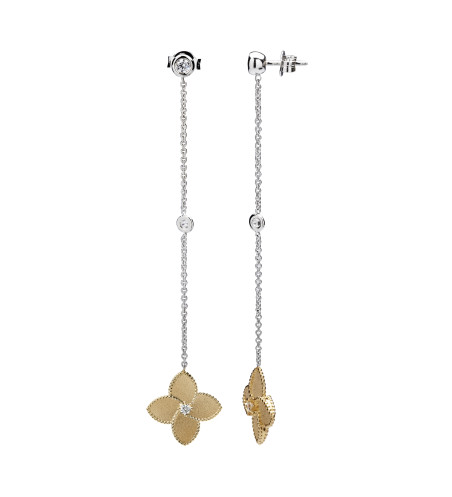 18k Gold Flower with Diamonds Long Dangle Earrings
