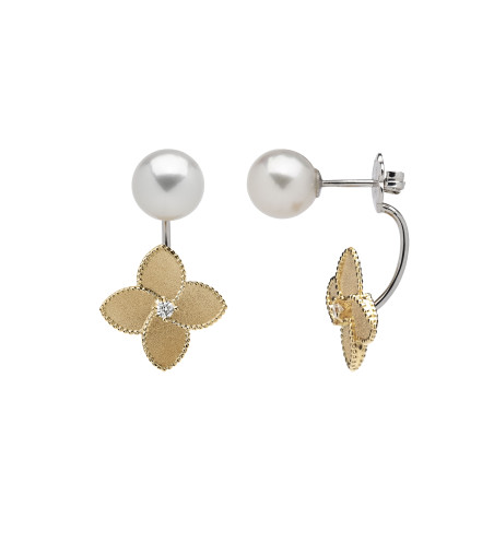 Pendientes Flor y Perla Oro 18k con Diamantes