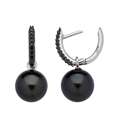 18k White Gold Tahitian Pearls and Black Diamonds Drop Earrings