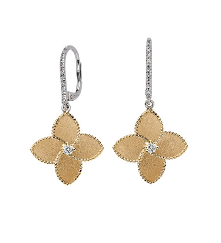 Pendientes Gota con Flor en Oro de 18 Quilates y Diamantes