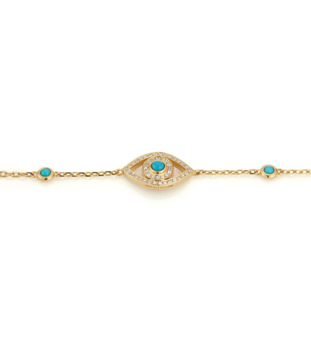18k Yellow Gold White Diamonds and Turquoise Evil Eye Bracelet